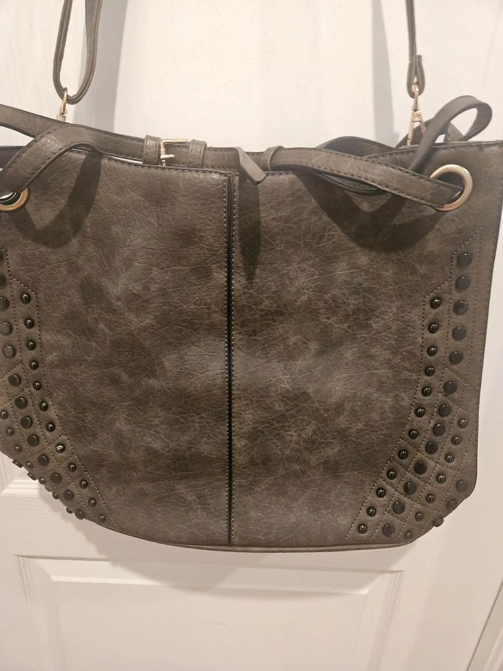 Olive Green Studded Tote Bag with Shoulder Straps